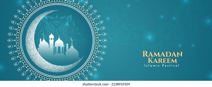 Ramadan Kareem Islamic festival greeting blue banner with mosque vector