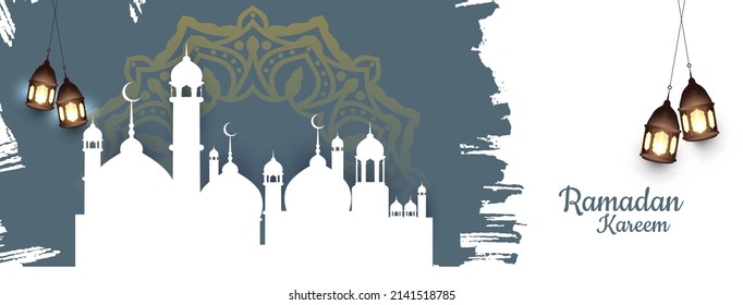 Ramadan Kareem islamic festival greeting banner with mosque vector