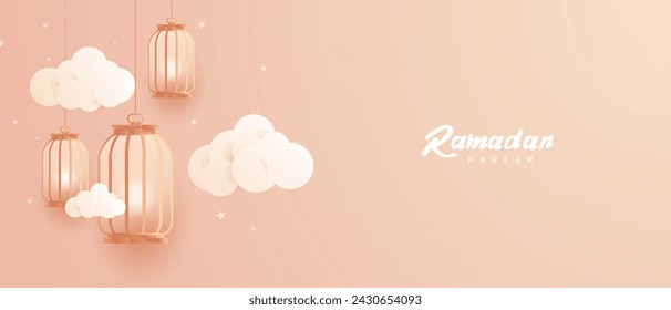 Ramadan Kareem Islamic festival greeting with beautiful lanterns decorated design vector illustration