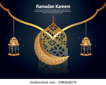Ramadan kareem islamic festival with realistic golden moon and lantern