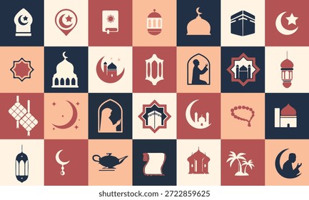 Ramadan Kareem Islamischer geometrischer Hintergrund mit flachen Symbolen und Formen, Modernes muslimisches religiöses Design für Poster, Grußkarte, Social Media Post, Banner, Cover, Webseiten-Kopfzeile, Heiliger Monat der Ramadan-Feier, Vektorgrafik