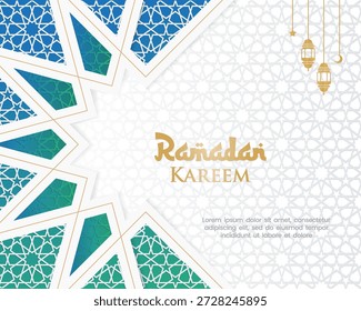 Ramadã Kareem padrão geométrico islâmico com lanternas e lua crescente