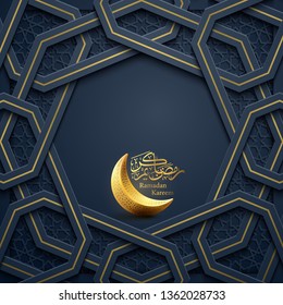 Ramadan Kareem islamic greeting background with gold crescent symbol and geometric morocco pattern