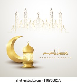 Ramadan kareem islamic greeting background design with gold crescent moon and lantern - vector