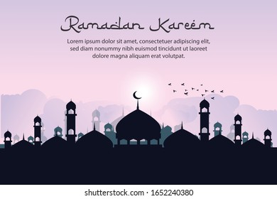 Design Ramadan Kareem Grußhintergrund mit Moschee und Vögeln