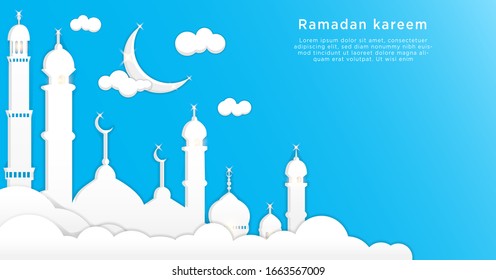 Ramadan Kareem Islamic greeting background design with a mosque and crescent in paper cut style.