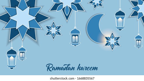Ramadan Kareem Islamic greeting background design with a lantern and crescent