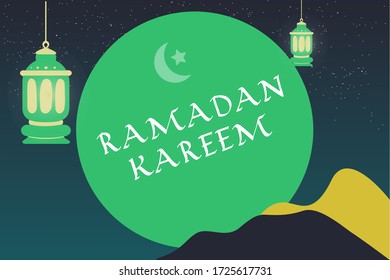 Ramadan kareem islamic greeting background design in night sky, silhouette mosque, lantern and arabic calligraphy with dark beautiful style vector