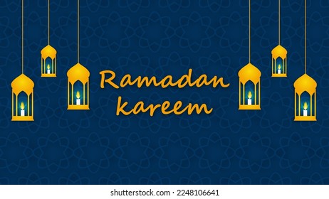 Ramadan Kareem. Islamic greeting background design with lantern and candle. Traditional religius symbol crescent, hanging lantern. Vector illustration. EPS 10.