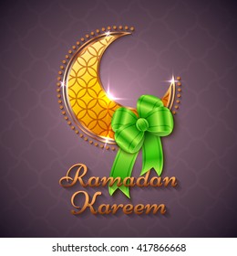 Ramadan Kareem Islamic Greeting Background with crescent and bow. Vector festive design