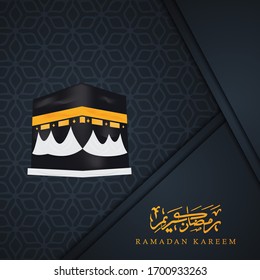 Ramadan Kareem islamic greeting banner design with kaaba illustration and arabic calligraphy