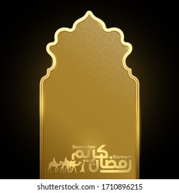 Ramadan kareem islamic greeting banner background with arabian travel camel illustration - Translation of text : Blessed islamic holy month