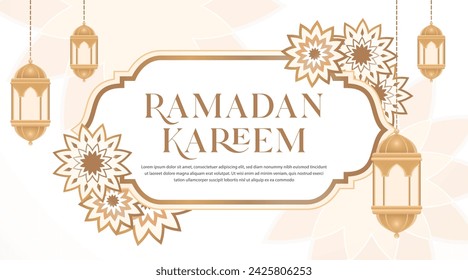 Ramadan Kareem islamic greeting banner background vector illustration template with text space, arabic pattern, golden arabian lantern