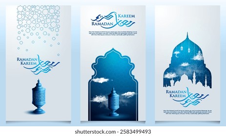 Ramadan Kareem islamic greeting banner bakcground arabic calligraphy lantern and blue mosque silhouette illustration