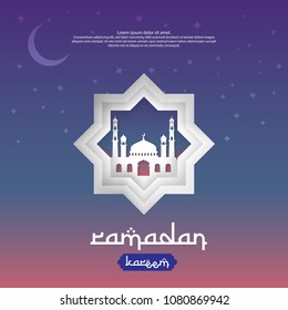 Ramadan Kareem islamic greeting card design with 3D dome mosque element in paper cut style. background Vector illustration.