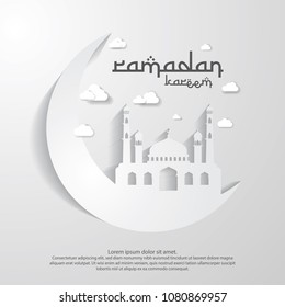 Ramadan Kareem islamic greeting card design with 3D moon and dome mosque element in paper cut style. background Vector illustration.