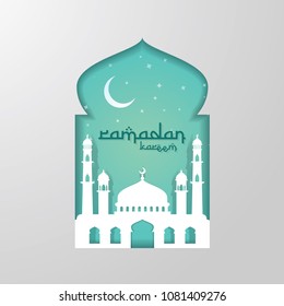 Ramadan Kareem islamic greeting card design with 3D dome mosque element in door or window with paper cut style . background Vector illustration.