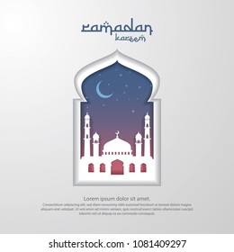 Ramadan Kareem islamic greeting card design with 3D dome mosque element in door or window with paper cut style . background Vector illustration.