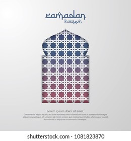 Ramadan Kareem islamic greeting card design with 3D dome mosque, door or window, and pattern element. paper cut background style. Vector illustration