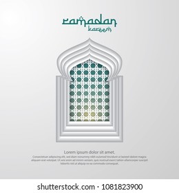 Ramadan Kareem islamic greeting card design with 3D dome mosque, door or window, and pattern element. paper cut background style. Vector illustration