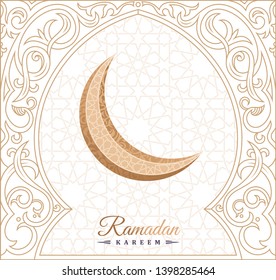 Ramadan Kareem islamic greeting card. Eastern design line mosque with vector arabic pattern. Gold mubarak moon calligraphy frame