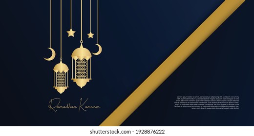 Ramadan kareem islamic greeting card background vector illustration. Ramadan 2021 vector pamphlet background. Gold moon, star and hanging lattern abstract luxury islamic elements background
