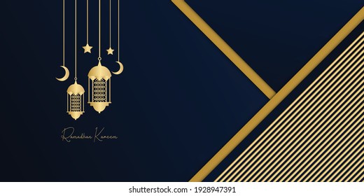 Ramadan kareem islamic greeting card background vector illustration. Ramadan 2021 vector pamphlet with gold and blue background. Gold moon and abstract luxury islamic elements background