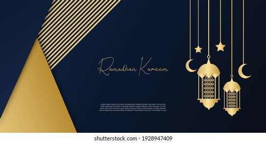 Ramadan kareem islamic greeting card background vector illustration. Ramadan 2021 vector pamphlet with gold and blue background. Gold moon and abstract luxury islamic elements background