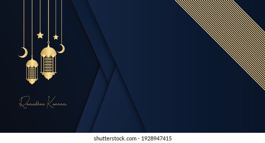 Ramadan kareem islamic greeting card background vector illustration. Ramadan 2021 vector pamphlet with gold and blue background. Gold moon and abstract luxury islamic elements background