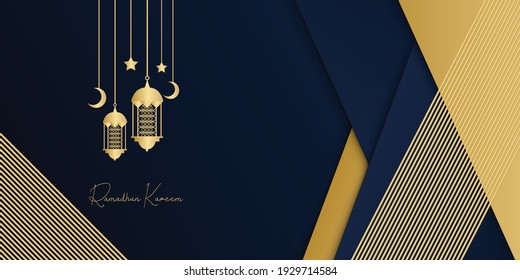 Ramadan kareem islamic greeting card background vector illustration. Ramadan 2021 vector pamphlet with gold and blue background. Gold moon and abstract luxury islamic elements background