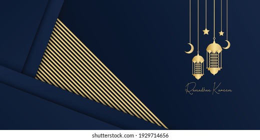 Ramadan kareem islamic greeting card background vector illustration. Ramadan 2021 vector pamphlet with gold and blue background. Gold moon and abstract luxury islamic elements background