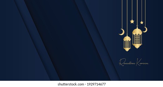 Ramadan kareem islamic greeting card background vector illustration. Ramadan 2021 vector pamphlet with gold and blue background. Gold moon and abstract luxury islamic elements background