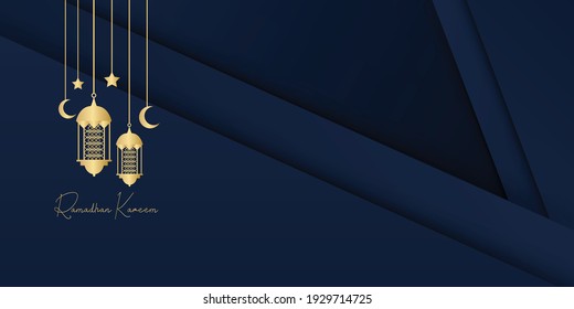 Ramadan kareem islamic greeting card background vector illustration. Ramadan 2021 vector pamphlet with gold and blue background. Gold moon and abstract luxury islamic elements background