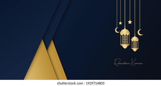 Ramadan kareem islamic greeting card background vector illustration. Ramadan 2021 vector pamphlet with gold and blue background. Gold moon and abstract luxury islamic elements background