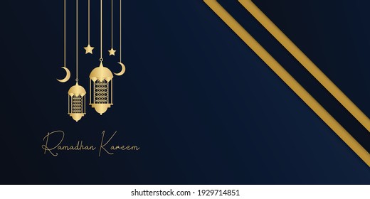 Ramadan kareem islamic greeting card background vector illustration. Ramadan 2021 vector pamphlet with gold and blue background. Gold moon and abstract luxury islamic elements background