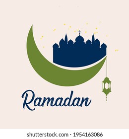 Ramadan Kareem Islamic greeting card design with an element of a crescent with lantern and dome mosque. background Vector illustration