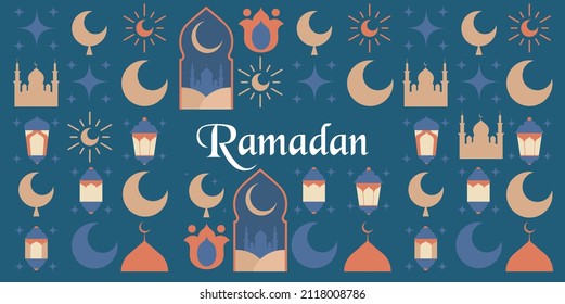 Ramadan Kareem. Islamic greeting card template with ramadan for wallpaper design. Poster, media banner. Mosaic vector illustration.