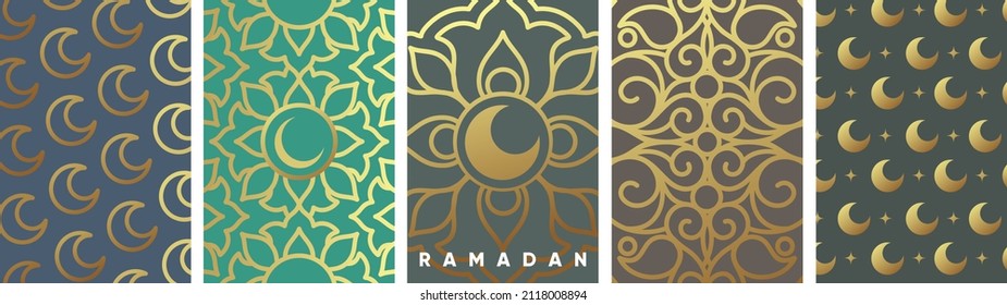 Ramadan Kareem. Islamic greeting card template with ramadan for wallpaper design. Poster, media banner. A set of vector illustrations. Gold ornaments, patterns.