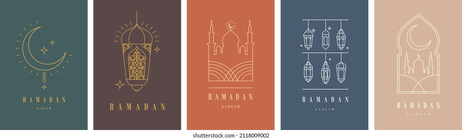 Ramadan Kareem. Islamic greeting card template with ramadan for wallpaper design. Poster, media banner. A set of vector illustrations. - Shutterstock ID 2118009002