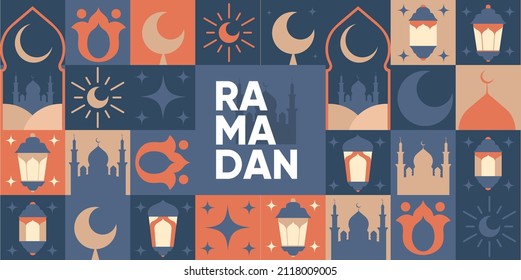 Ramadan Kareem. Islamic greeting card template with ramadan for wallpaper design. Poster, media banner. Mosaic vector illustration.