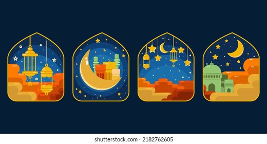 Ramadan Kareem. Islamic greeting card template with ramadan. Collection of oriental style Islamic windows and arches. Poster, media banner. Vector illustration.