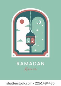 Ramadan Kareem. Islamic greeting card with arabic lamp. Vector holiday illustration in green colors for greeting card, poster and banner.