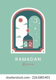Ramadan Kareem. Islamic greeting card with arabic lamp. Vector holiday illustration in green colors for greeting card, poster and banner.