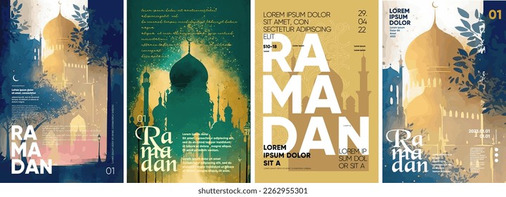 Ramadan Kareem. Islamic greeting card template with ramadan for wallpaper design. Set of vector illustrations. Flat design. Typography. Background for a poster, t-shirt or banner.