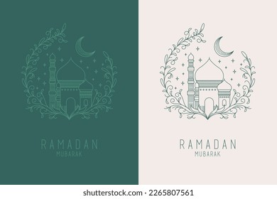 Ramadan Kareem Islamic greeting card with line art design vector illustration