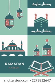 Ramadan Kareem. Islamic greeting card with Kaaba, Quran, mosque, lantern in English and Arabic. Vector holiday illustration in green colors for your holliday design.