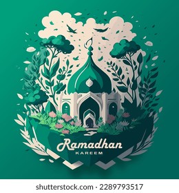 Ramadan Kareem Islamic greeting card template with  moon, mosque dome and lanterns . Ramadan for wallpaper design. Poster, media banner,greeting.