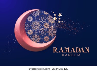 Ramadan Kareem. Islamic greeting card template. 3D traditional holiday design.