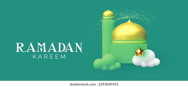 Ramadan Kareem. Islamic greeting card template. 3D traditional holiday design.