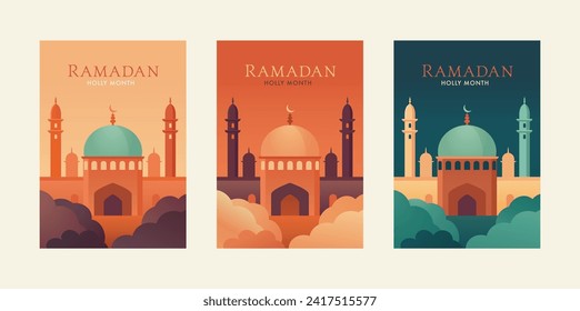 Ramadan Kareem. Plantillas de tarjetas de felicitación islámicas con templo de mezquita, minarete durante la noche y puesta de sol. Papel pintado retro, afiches, volantes. Diseño moderno. Conjunto de fondos de ilustración vectorial festiva. 